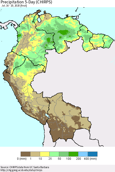 Northern South America Precipitation 5-Day (CHIRPS) Thematic Map For 7/16/2020 - 7/20/2020