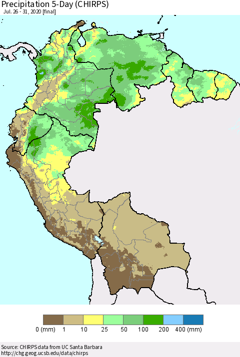 Northern South America Precipitation 5-Day (CHIRPS) Thematic Map For 7/26/2020 - 7/31/2020