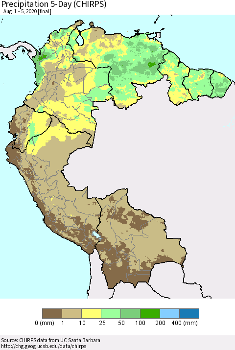 Northern South America Precipitation 5-Day (CHIRPS) Thematic Map For 8/1/2020 - 8/5/2020