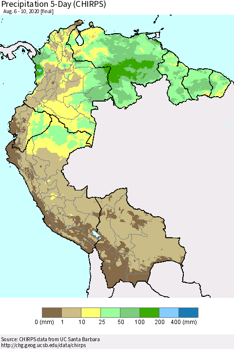 Northern South America Precipitation 5-Day (CHIRPS) Thematic Map For 8/6/2020 - 8/10/2020