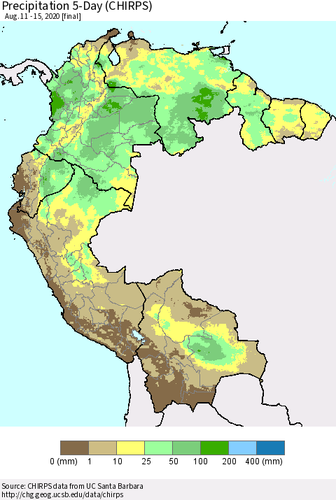 Northern South America Precipitation 5-Day (CHIRPS) Thematic Map For 8/11/2020 - 8/15/2020