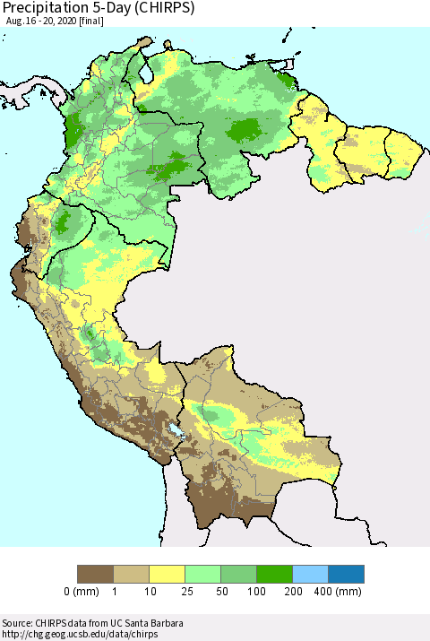 Northern South America Precipitation 5-Day (CHIRPS) Thematic Map For 8/16/2020 - 8/20/2020