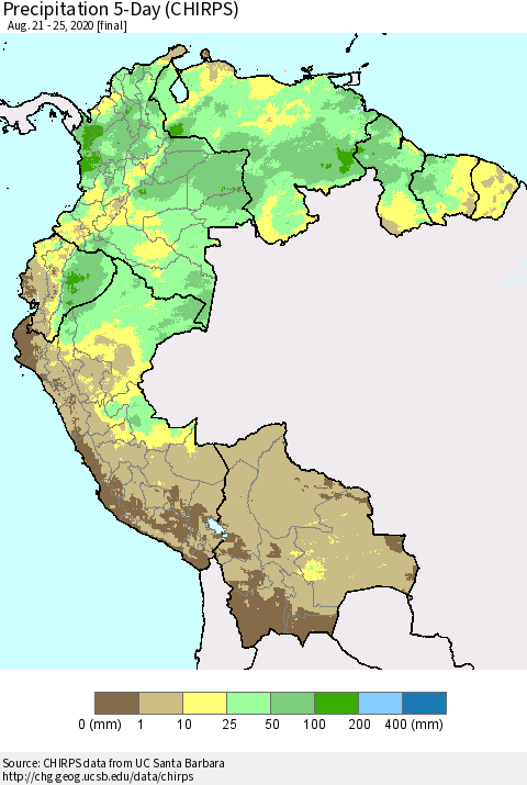 Northern South America Precipitation 5-Day (CHIRPS) Thematic Map For 8/21/2020 - 8/25/2020