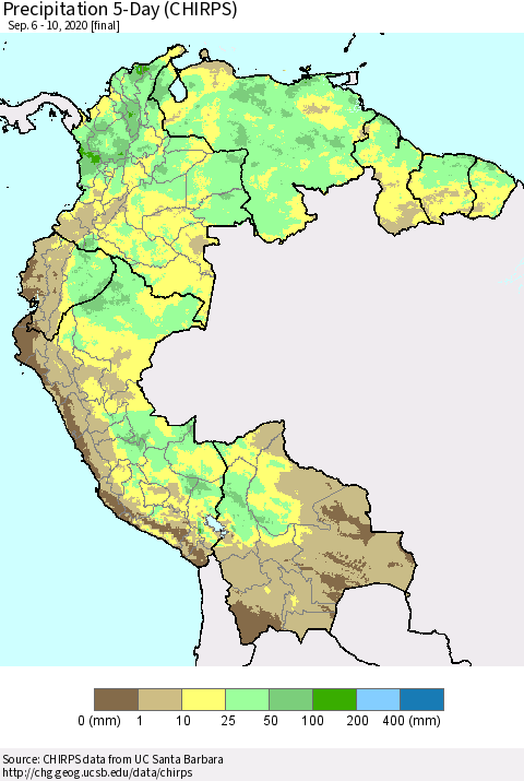 Northern South America Precipitation 5-Day (CHIRPS) Thematic Map For 9/6/2020 - 9/10/2020