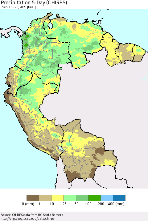 Northern South America Precipitation 5-Day (CHIRPS) Thematic Map For 9/16/2020 - 9/20/2020