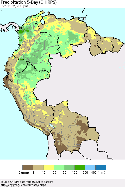 Northern South America Precipitation 5-Day (CHIRPS) Thematic Map For 9/21/2020 - 9/25/2020