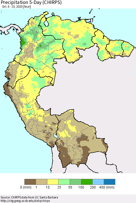 Northern South America Precipitation 5-Day (CHIRPS) Thematic Map For 10/6/2020 - 10/10/2020