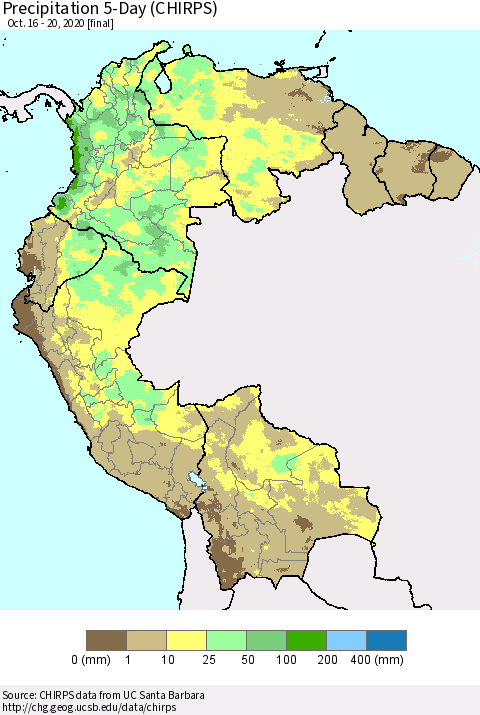 Northern South America Precipitation 5-Day (CHIRPS) Thematic Map For 10/16/2020 - 10/20/2020