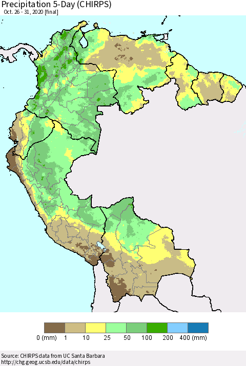 Northern South America Precipitation 5-Day (CHIRPS) Thematic Map For 10/26/2020 - 10/31/2020