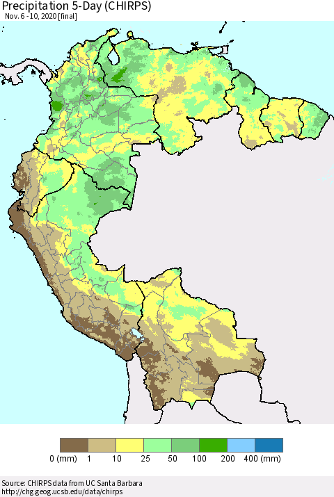 Northern South America Precipitation 5-Day (CHIRPS) Thematic Map For 11/6/2020 - 11/10/2020