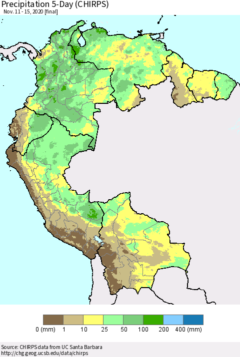 Northern South America Precipitation 5-Day (CHIRPS) Thematic Map For 11/11/2020 - 11/15/2020
