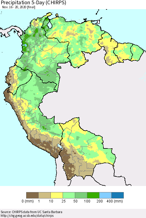 Northern South America Precipitation 5-Day (CHIRPS) Thematic Map For 11/16/2020 - 11/20/2020