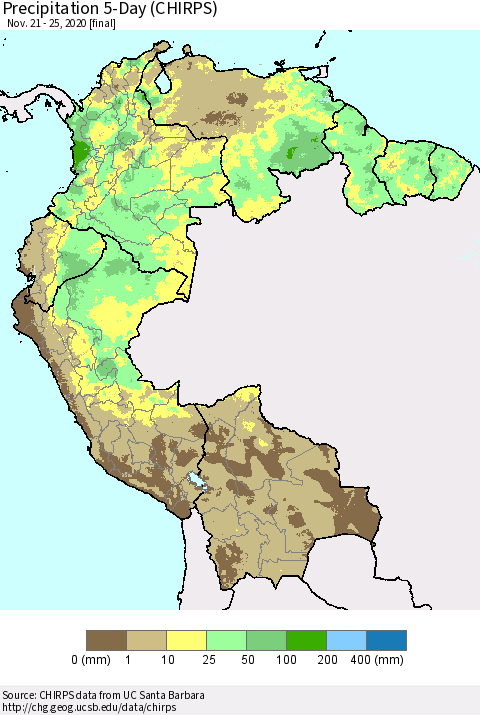 Northern South America Precipitation 5-Day (CHIRPS) Thematic Map For 11/21/2020 - 11/25/2020