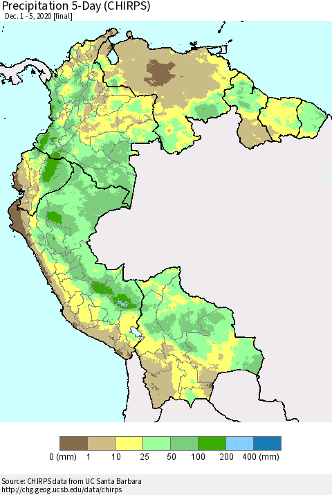 Northern South America Precipitation 5-Day (CHIRPS) Thematic Map For 12/1/2020 - 12/5/2020