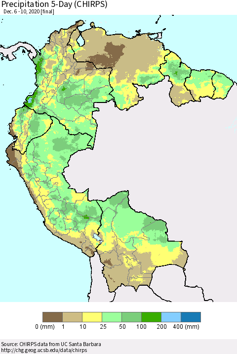 Northern South America Precipitation 5-Day (CHIRPS) Thematic Map For 12/6/2020 - 12/10/2020