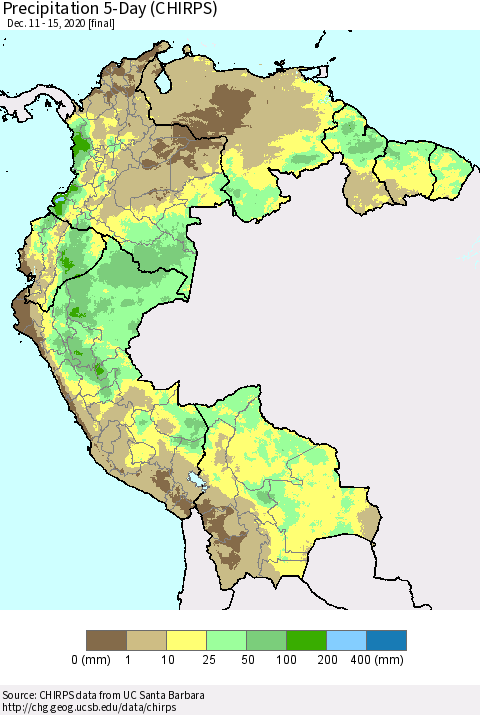 Northern South America Precipitation 5-Day (CHIRPS) Thematic Map For 12/11/2020 - 12/15/2020