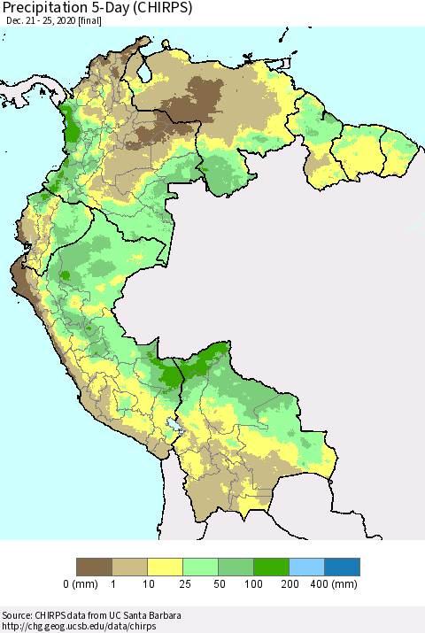 Northern South America Precipitation 5-Day (CHIRPS) Thematic Map For 12/21/2020 - 12/25/2020