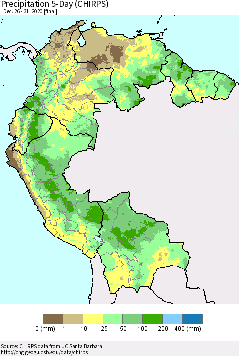Northern South America Precipitation 5-Day (CHIRPS) Thematic Map For 12/26/2020 - 12/31/2020