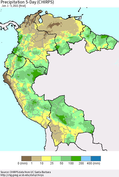 Northern South America Precipitation 5-Day (CHIRPS) Thematic Map For 1/1/2021 - 1/5/2021