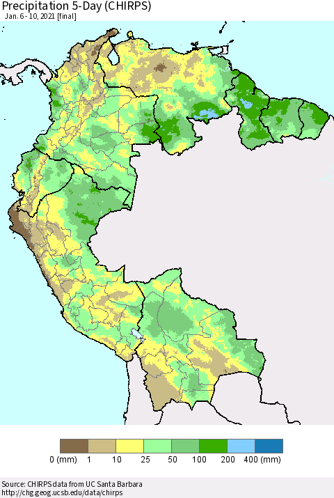 Northern South America Precipitation 5-Day (CHIRPS) Thematic Map For 1/6/2021 - 1/10/2021