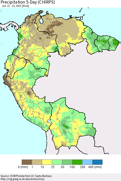 Northern South America Precipitation 5-Day (CHIRPS) Thematic Map For 1/11/2021 - 1/15/2021