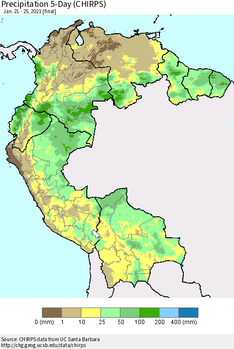 Northern South America Precipitation 5-Day (CHIRPS) Thematic Map For 1/21/2021 - 1/25/2021