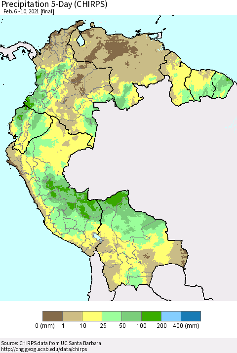 Northern South America Precipitation 5-Day (CHIRPS) Thematic Map For 2/6/2021 - 2/10/2021