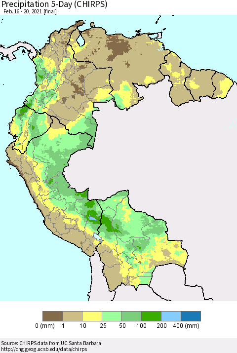 Northern South America Precipitation 5-Day (CHIRPS) Thematic Map For 2/16/2021 - 2/20/2021