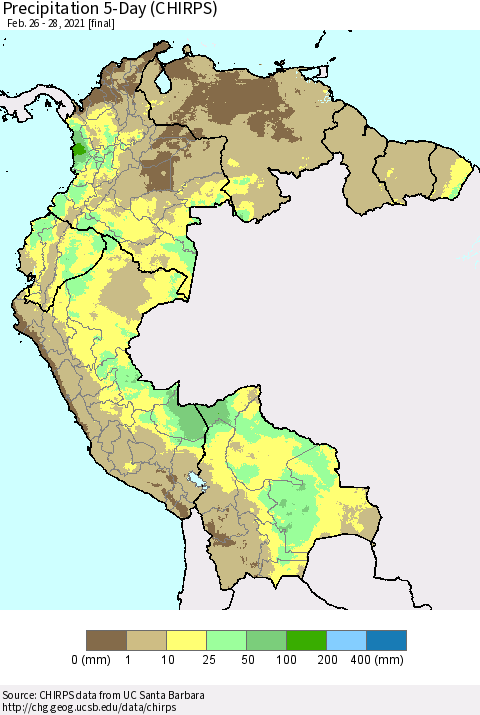 Northern South America Precipitation 5-Day (CHIRPS) Thematic Map For 2/26/2021 - 2/28/2021