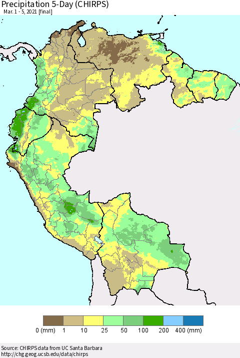 Northern South America Precipitation 5-Day (CHIRPS) Thematic Map For 3/1/2021 - 3/5/2021