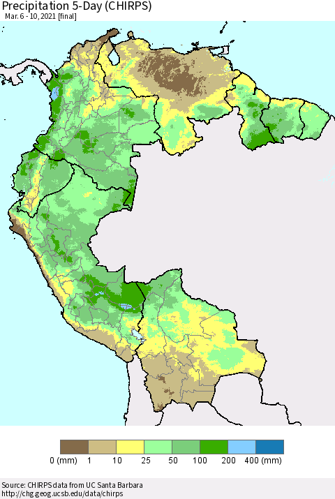 Northern South America Precipitation 5-Day (CHIRPS) Thematic Map For 3/6/2021 - 3/10/2021