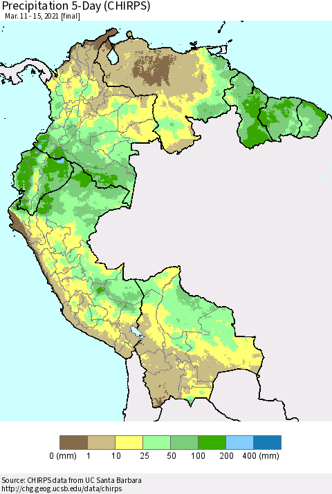 Northern South America Precipitation 5-Day (CHIRPS) Thematic Map For 3/11/2021 - 3/15/2021