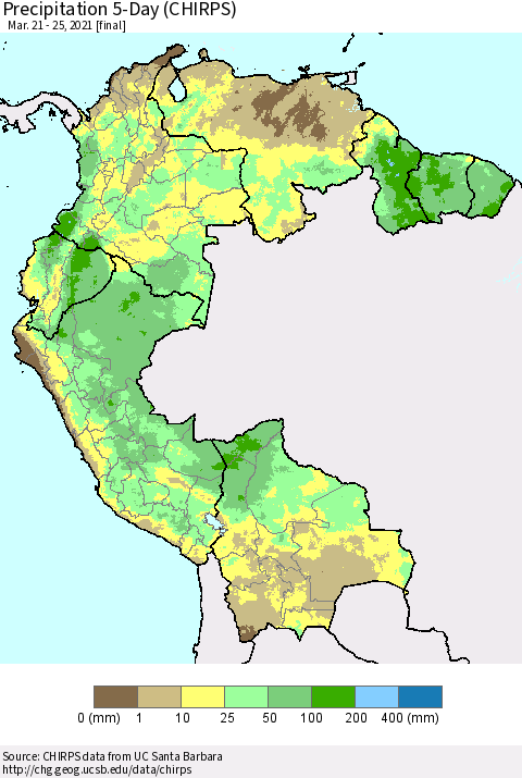 Northern South America Precipitation 5-Day (CHIRPS) Thematic Map For 3/21/2021 - 3/25/2021