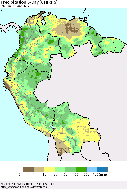 Northern South America Precipitation 5-Day (CHIRPS) Thematic Map For 3/26/2021 - 3/31/2021