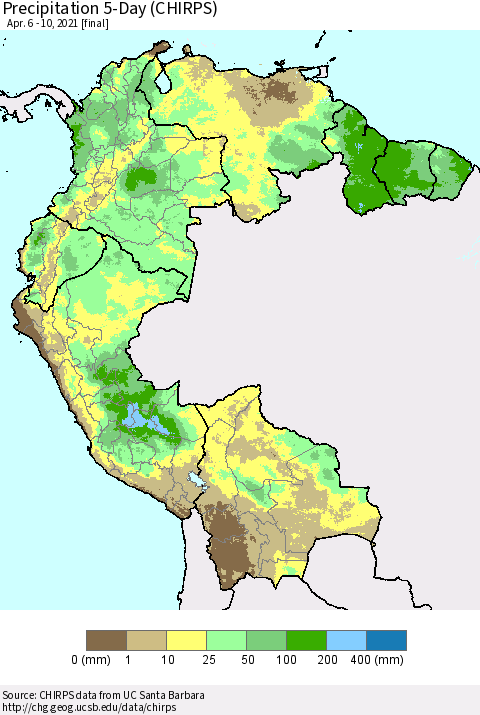 Northern South America Precipitation 5-Day (CHIRPS) Thematic Map For 4/6/2021 - 4/10/2021