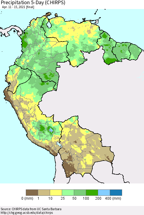 Northern South America Precipitation 5-Day (CHIRPS) Thematic Map For 4/11/2021 - 4/15/2021