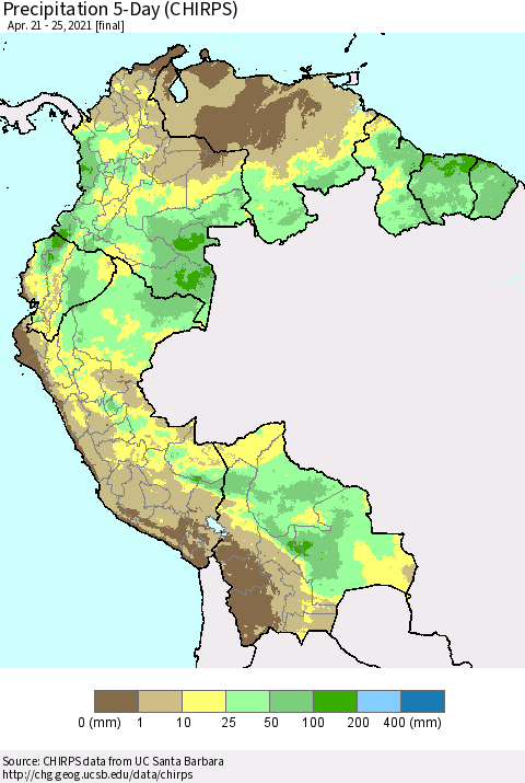 Northern South America Precipitation 5-Day (CHIRPS) Thematic Map For 4/21/2021 - 4/25/2021
