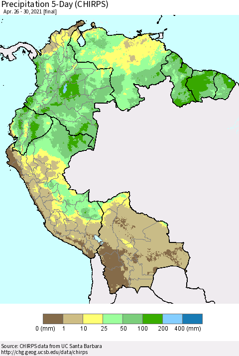 Northern South America Precipitation 5-Day (CHIRPS) Thematic Map For 4/26/2021 - 4/30/2021