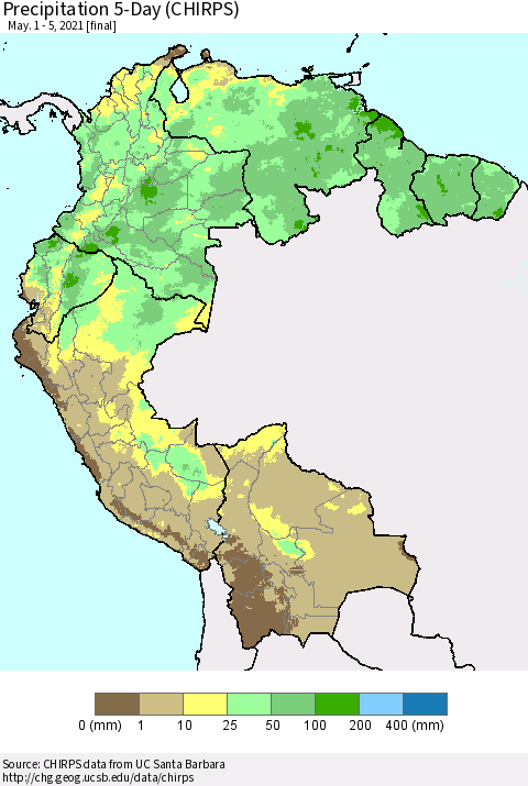 Northern South America Precipitation 5-Day (CHIRPS) Thematic Map For 5/1/2021 - 5/5/2021