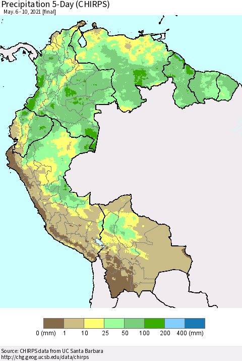 Northern South America Precipitation 5-Day (CHIRPS) Thematic Map For 5/6/2021 - 5/10/2021