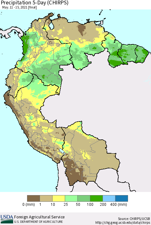 Northern South America Precipitation 5-Day (CHIRPS) Thematic Map For 5/11/2021 - 5/15/2021