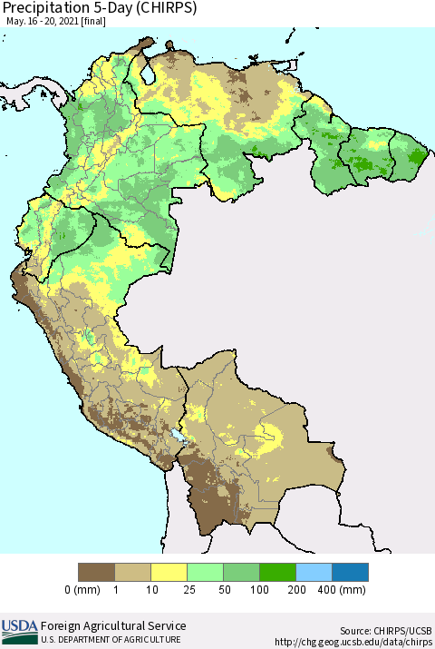 Northern South America Precipitation 5-Day (CHIRPS) Thematic Map For 5/16/2021 - 5/20/2021