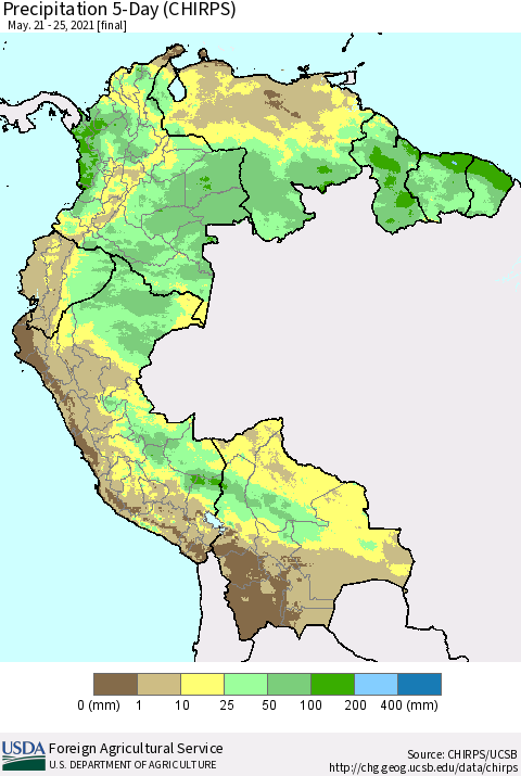Northern South America Precipitation 5-Day (CHIRPS) Thematic Map For 5/21/2021 - 5/25/2021