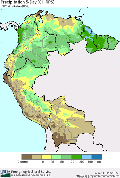 Northern South America Precipitation 5-Day (CHIRPS) Thematic Map For 5/26/2021 - 5/31/2021