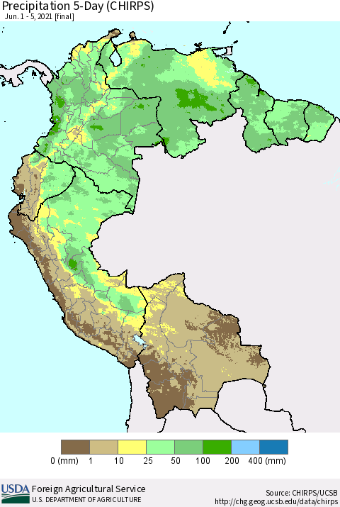 Northern South America Precipitation 5-Day (CHIRPS) Thematic Map For 6/1/2021 - 6/5/2021