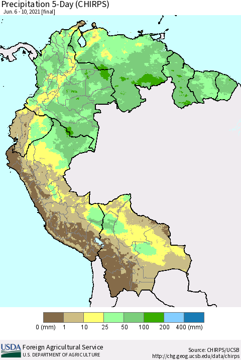 Northern South America Precipitation 5-Day (CHIRPS) Thematic Map For 6/6/2021 - 6/10/2021