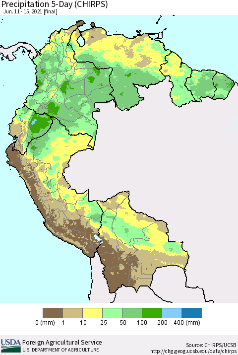 Northern South America Precipitation 5-Day (CHIRPS) Thematic Map For 6/11/2021 - 6/15/2021