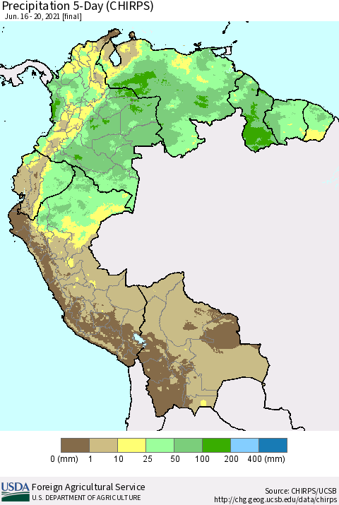 Northern South America Precipitation 5-Day (CHIRPS) Thematic Map For 6/16/2021 - 6/20/2021