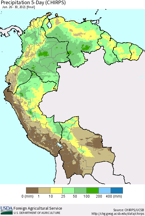 Northern South America Precipitation 5-Day (CHIRPS) Thematic Map For 6/26/2021 - 6/30/2021