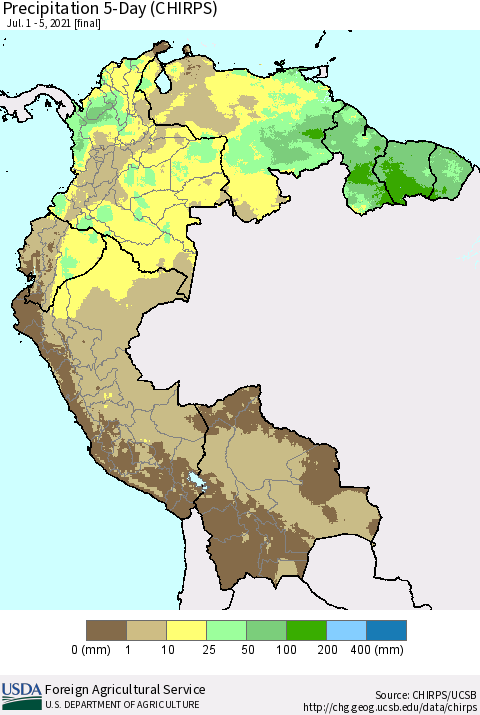 Northern South America Precipitation 5-Day (CHIRPS) Thematic Map For 7/1/2021 - 7/5/2021